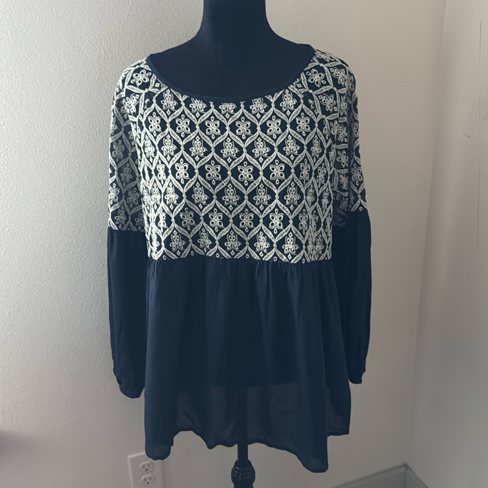 Sundance blue ivory embroidered balloon sleeves Boho Peasant‎ top blouse tunic L